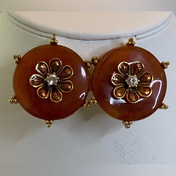 Vintage Joan Rivers Gold Brown Flower Clip-on Earrings - Picture 2 of 6